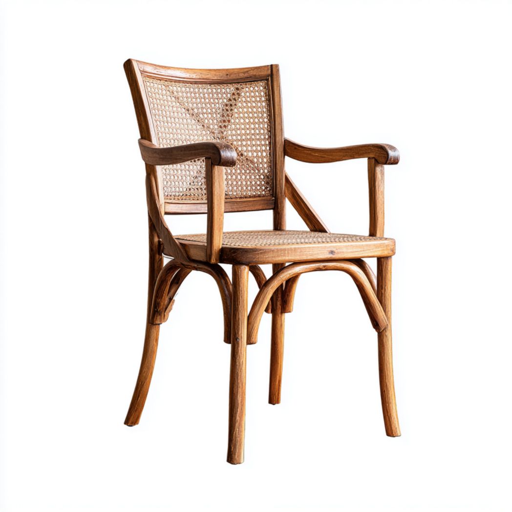 Chaise en bois naturel avec assise et dossier en rotin, accoudoirs intégrés