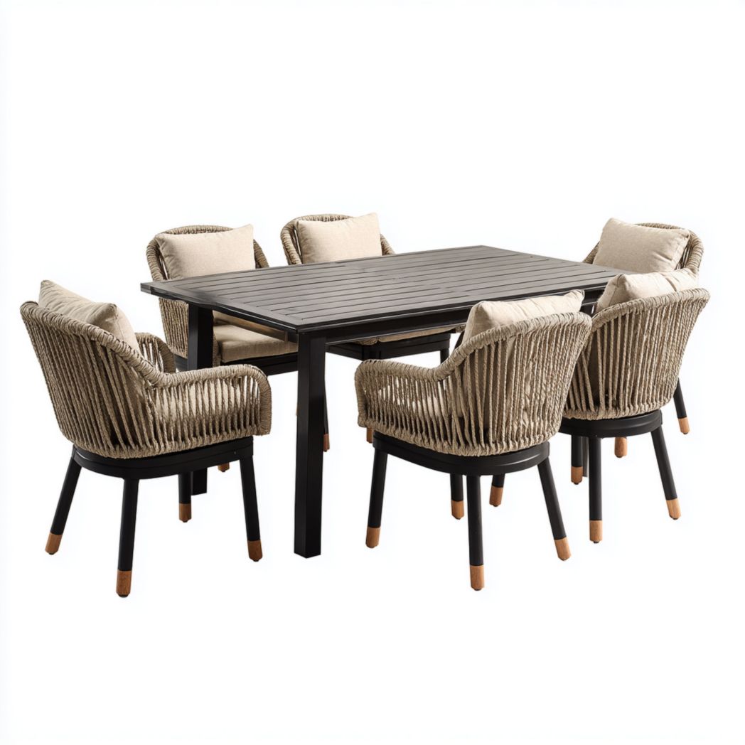 Ensemble de jardin en aluminium noir, 1 table rectangulaire avec 6 chaises tressées avec coussins