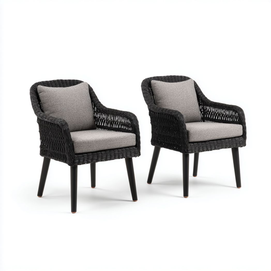 Lot de 2 fauteuils de jardin en résine tressée noire avec coussins gris