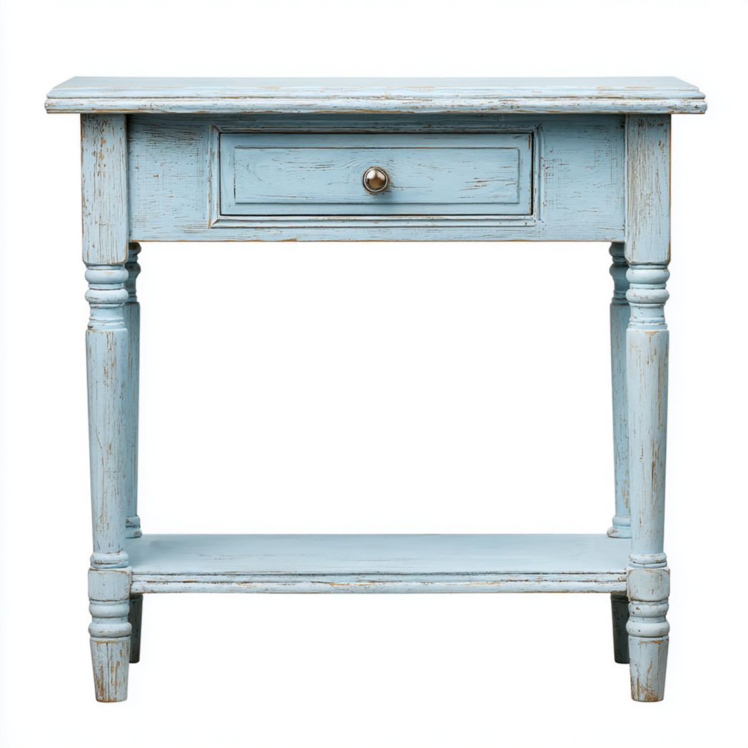 Console rectangulaire en bois bleu vieilli avec tiroir et étagère
