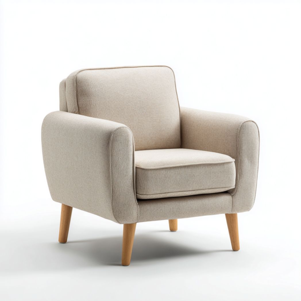 Fauteuil en tissu beige clair avec pieds en bois massif