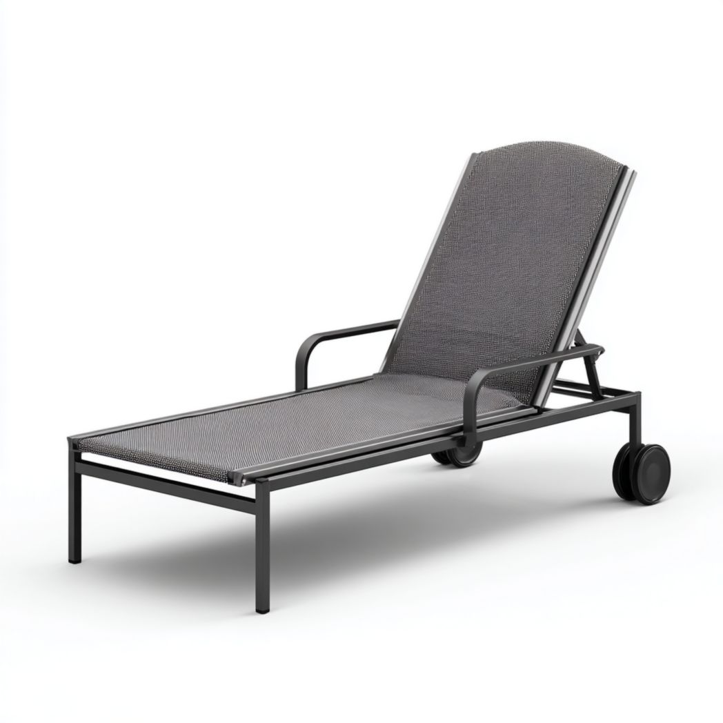 Bain de soleil, structure en métal noir avec surface en toile grise, accoudoirs et roulettes