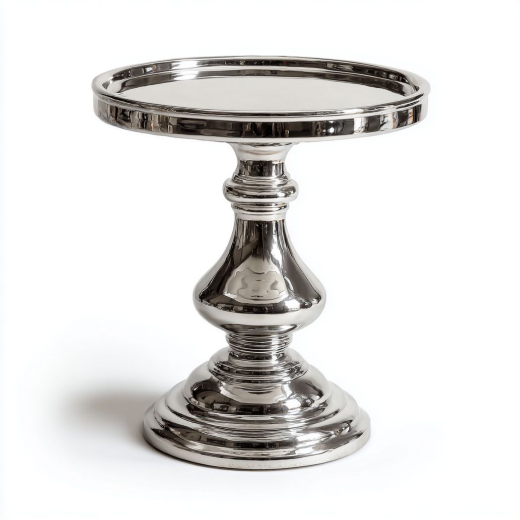 Table d’appoint ronde en métal argenté avec socle sculpté