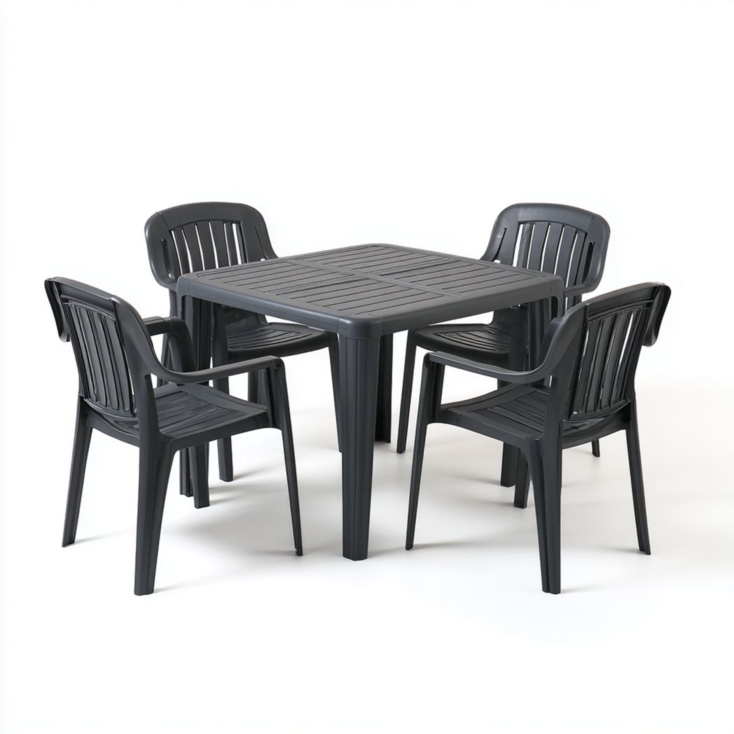 Ensemble de jardin en résine gris foncé, table carrée et 4 fauteuils avec accoudoirs