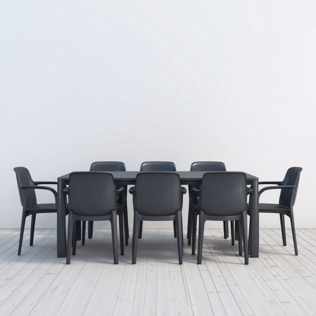 Salon de jardin en résine, table rectangulaire noire + 8 chaises avec accoudoirs