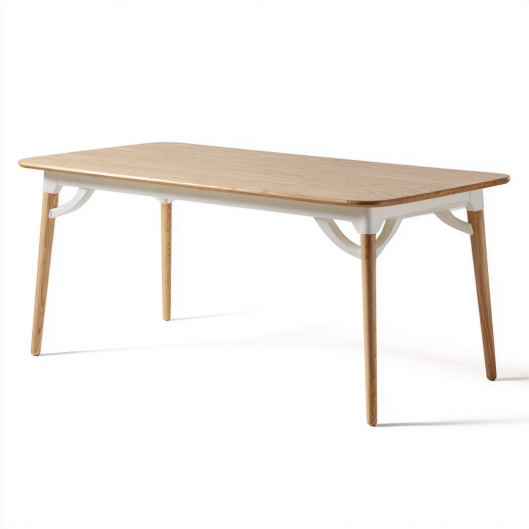 Table de jardin, plateau rectangulaire en bois brun clair + cadre blanc et pieds en bois