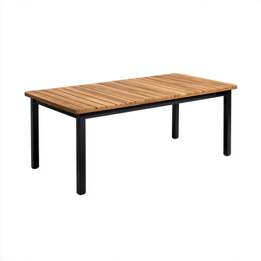 Table de jardin, plateau rectangulaire à lattes en bois brun clair + structure métallique noire