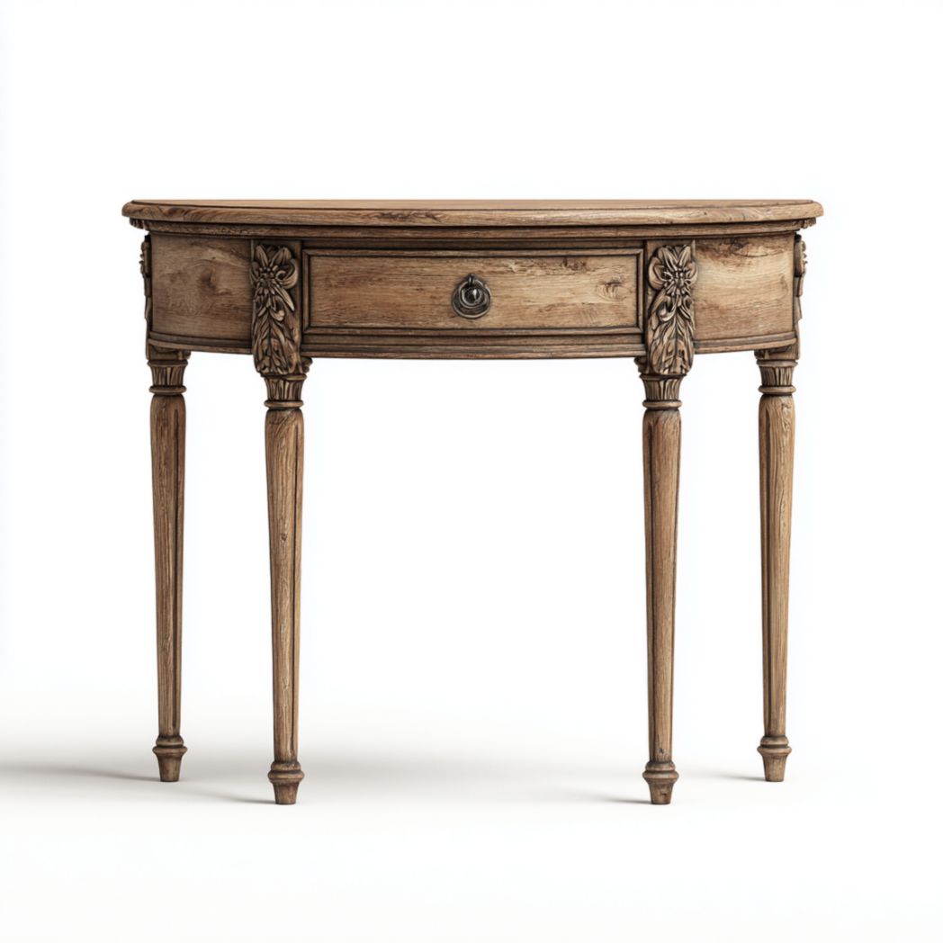 Console demi-lune en bois massif sculpté avec un tiroir et quatre pieds élancés