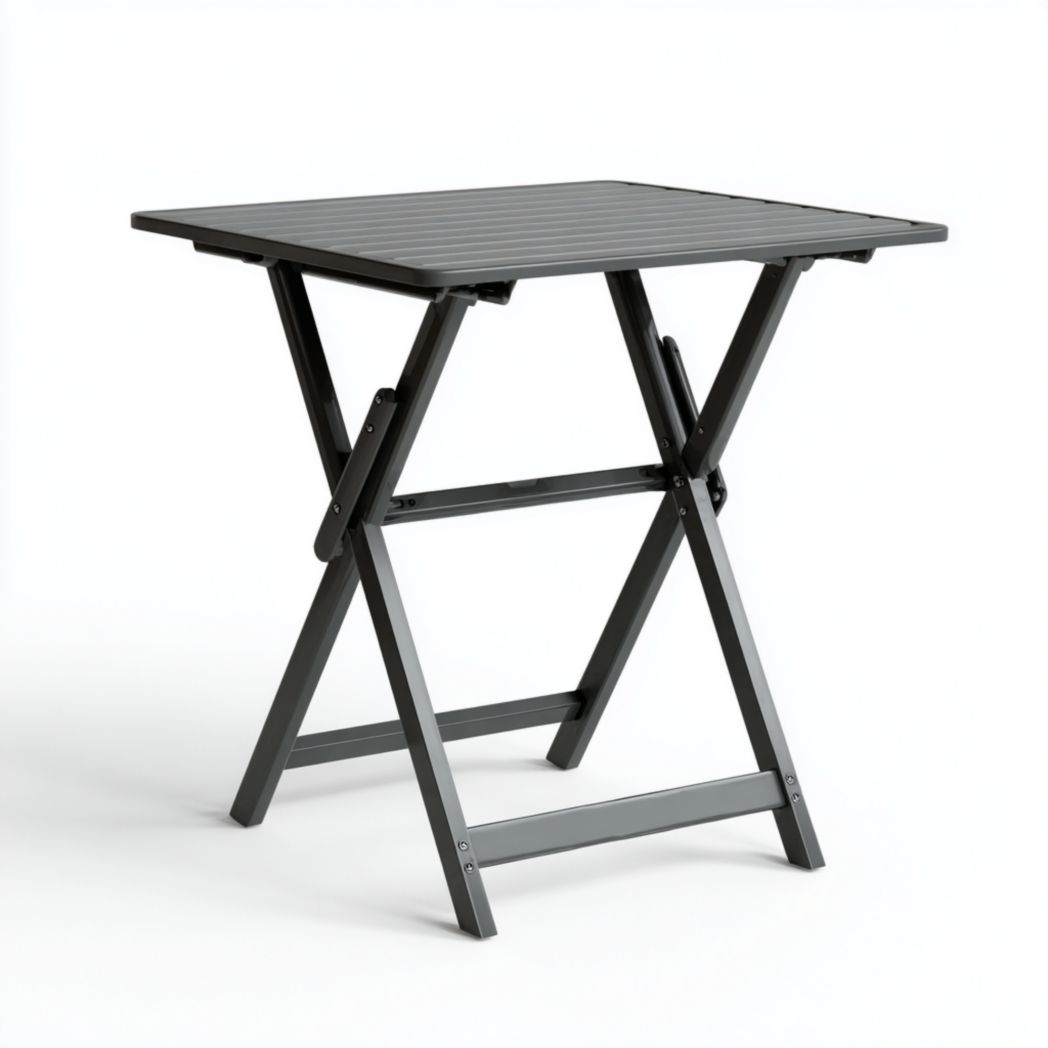 Table de jardin pliante, plateau carré en résine noire + structure métallique