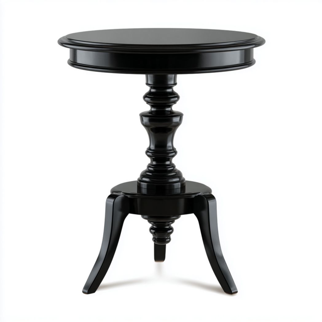 Table d’appoint ronde noire en bois sculpté avec piètement à trois pieds