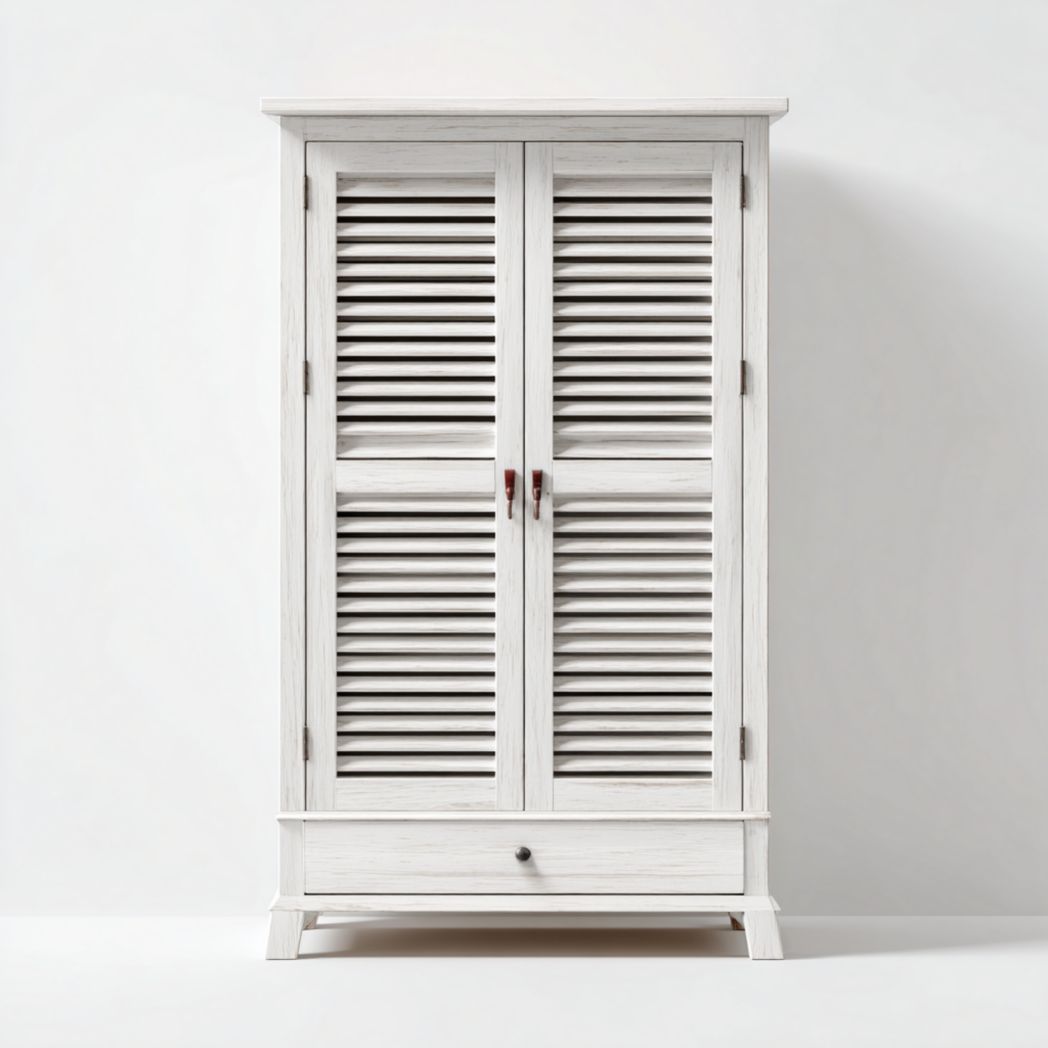 Armoire en bois blanc à deux portes persiennes avec un tiroir de rangement