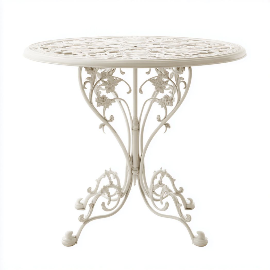 Table de jardin, plateau rond en métal blanc ajouré motif floral
