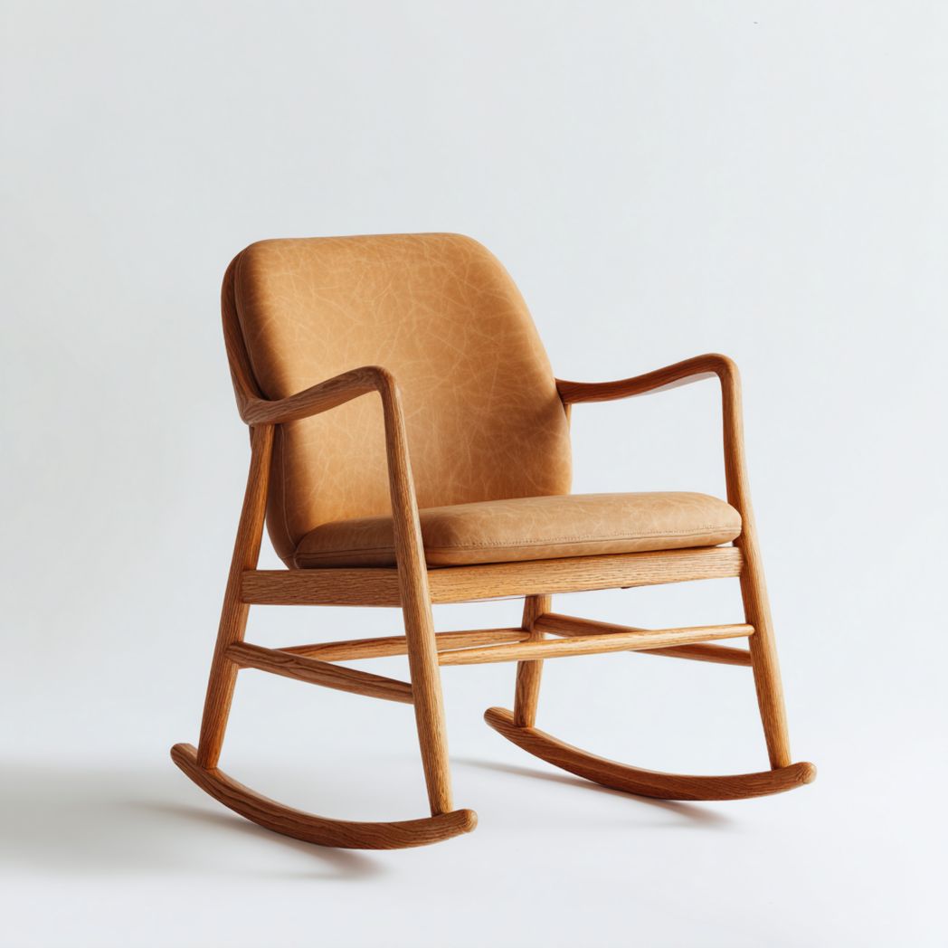 Fauteuil à bascule en chêne avec assise et dossier en cuir marron clair