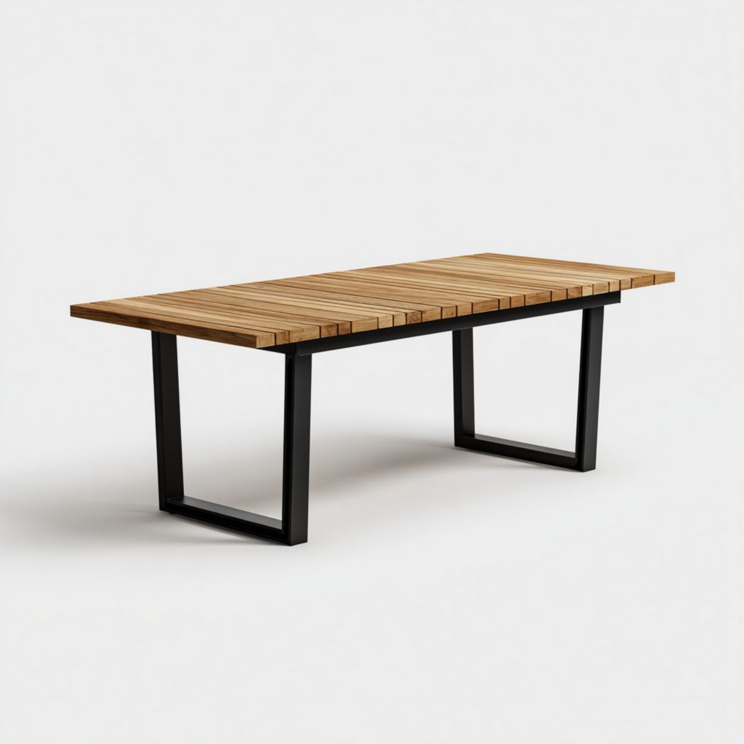 Table de jardin, plateau rectangulaire à lattes en bois brun clair + piètement métallique noir