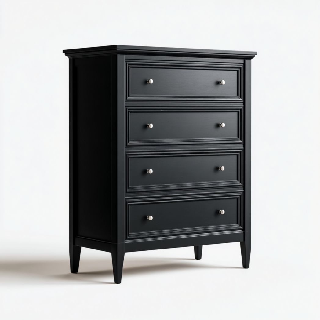 Commode en bois massif noire avec quatre tiroirs et poignées métalliques argentées