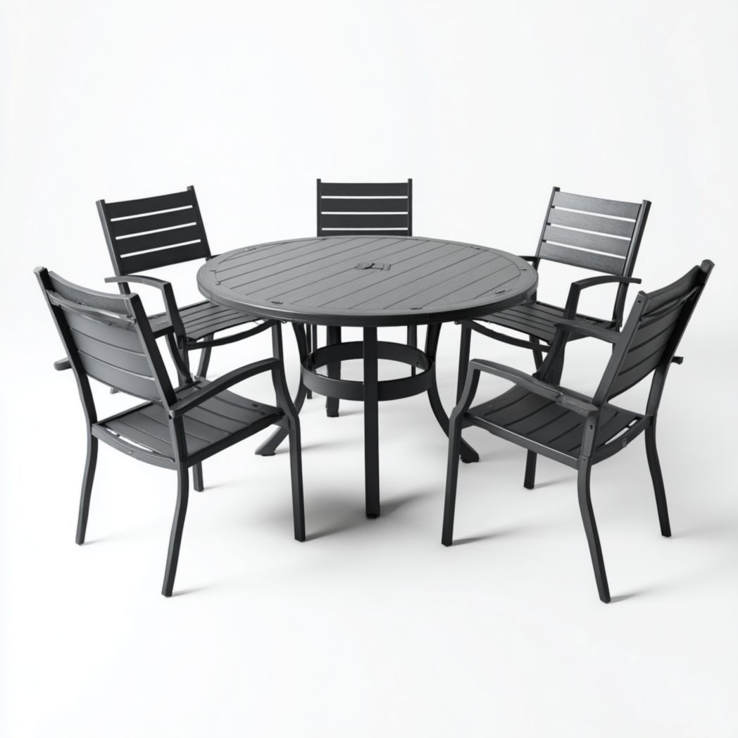 Ensemble de salle à manger de jardin en aluminium, table ronde avec 5 fauteuils