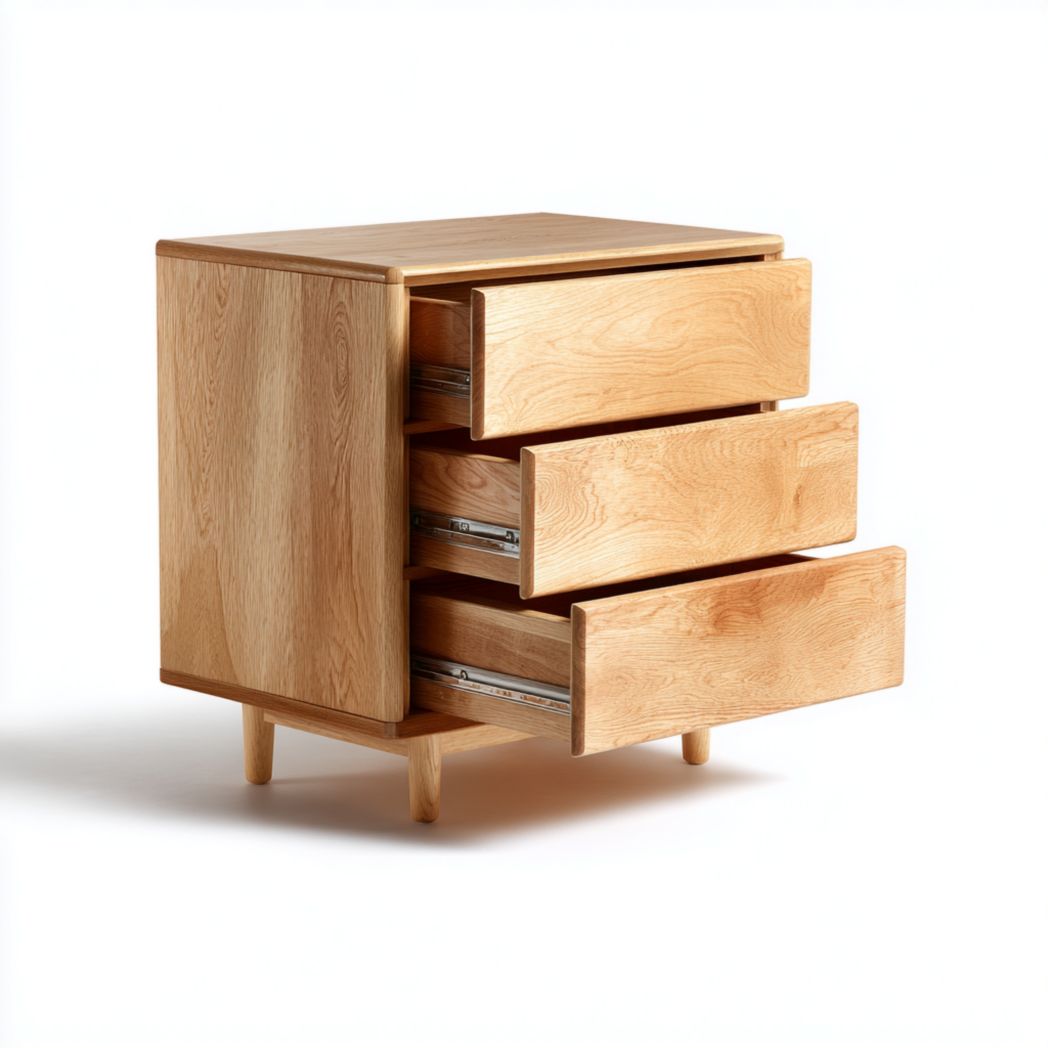 Commode en bois massif couleur naturelle à trois tiroirs avec pieds cylindriques