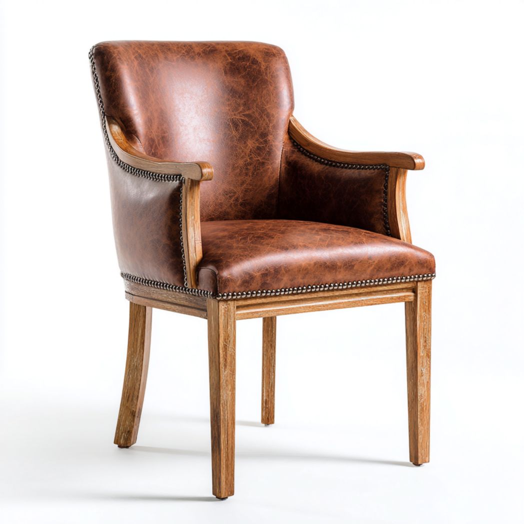 Fauteuil en similicuir brun avec cadre en bois et clous décoratifs