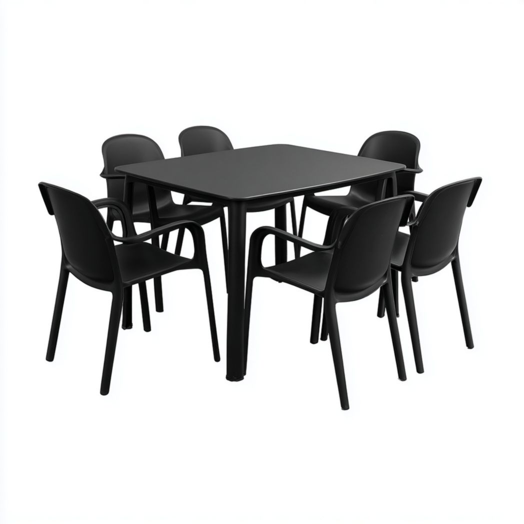 Ensemble de mobilier de jardin en résine, table carrée noire + 6 chaises avec accoudoirs