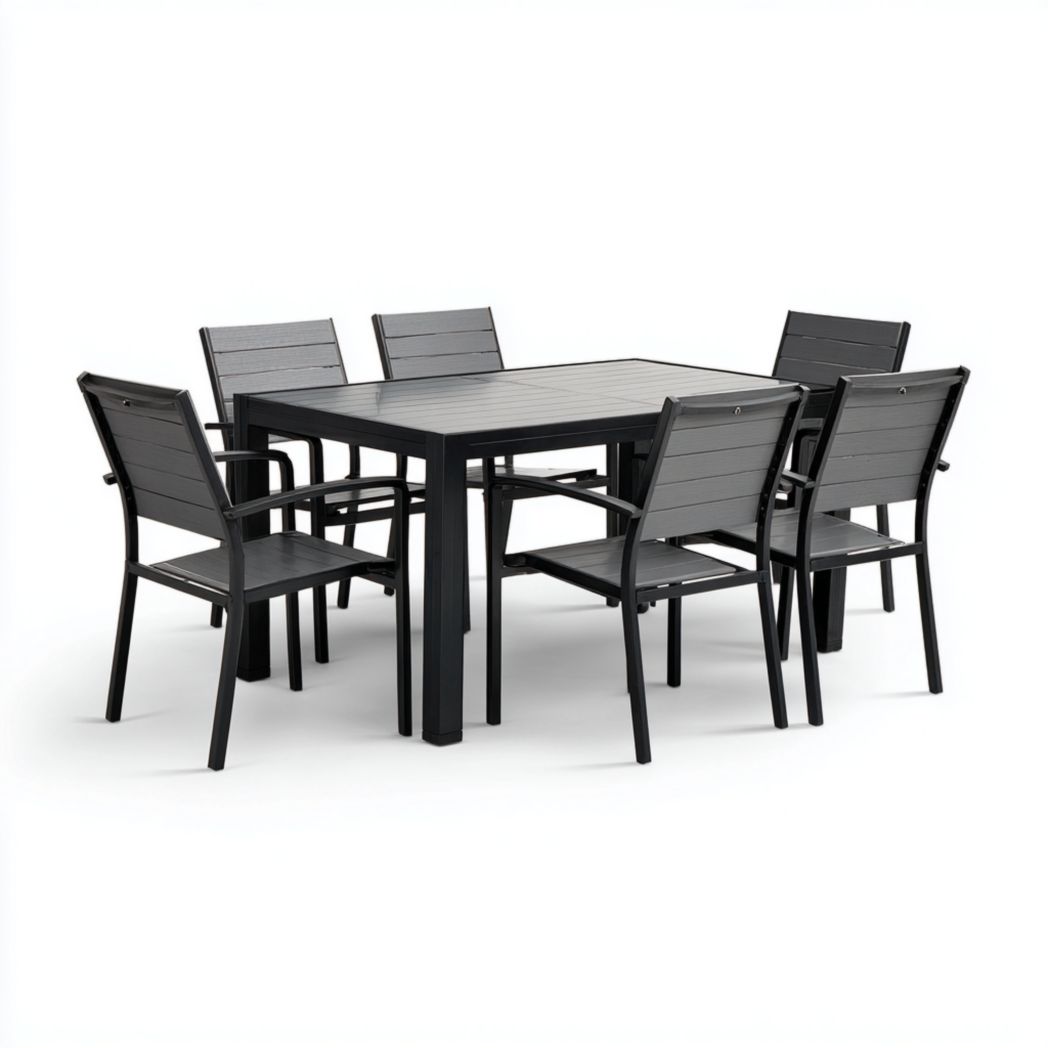 Ensemble de jardin en aluminium noir, 1 table rectangulaire avec 6 chaises sans coussin