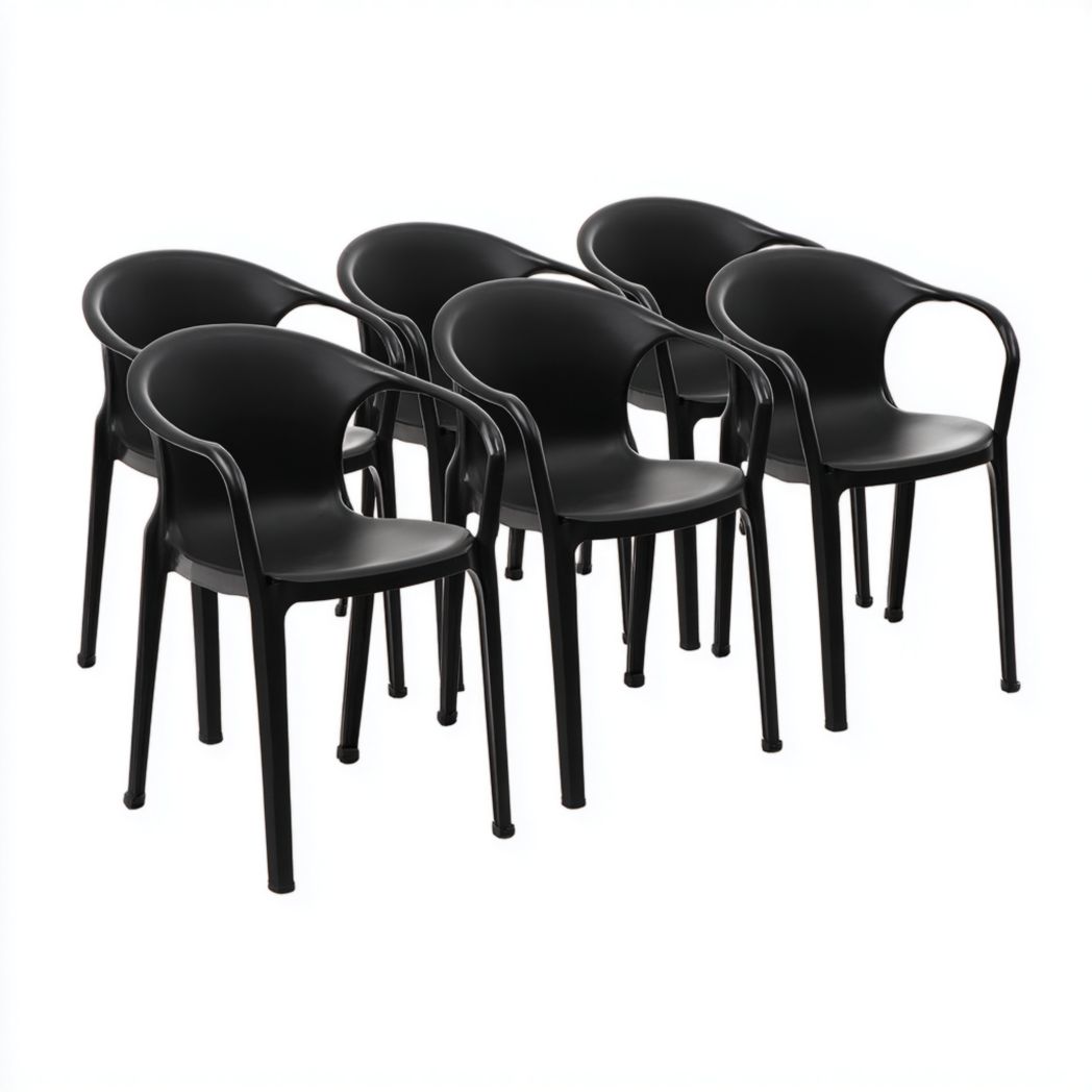 Lot de 6 fauteuils de jardin en résine noire avec dossier et accoudoirs intégrés