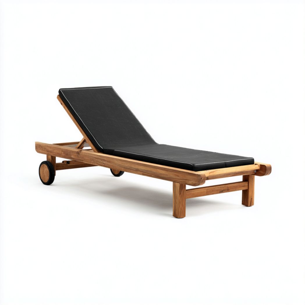 Bain de soleil en bois, coussin noir, design rectangulaire avec roulettes