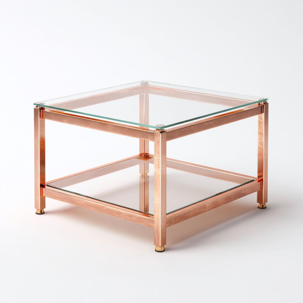 Table basse carrée avec cadre en métal couleur or rose et plateau en verre