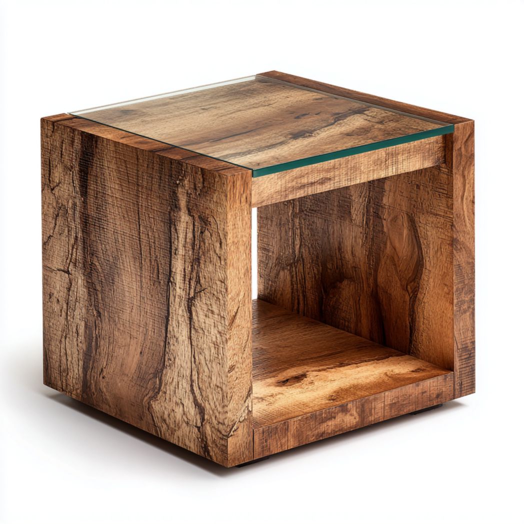 Table d’appoint carrée en bois aspect naturel avec plateau en verre transparent