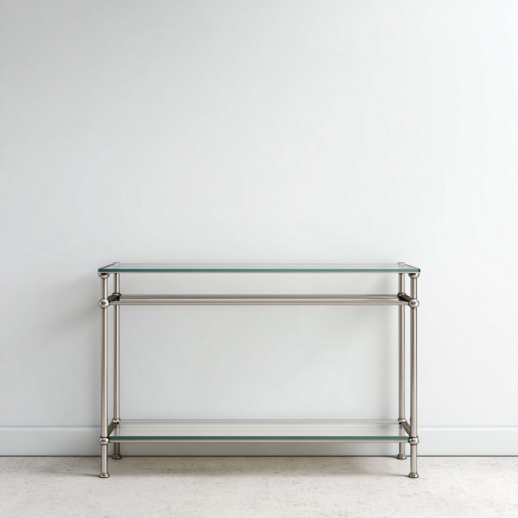 Console rectangulaire en métal argenté avec deux plateaux en verre