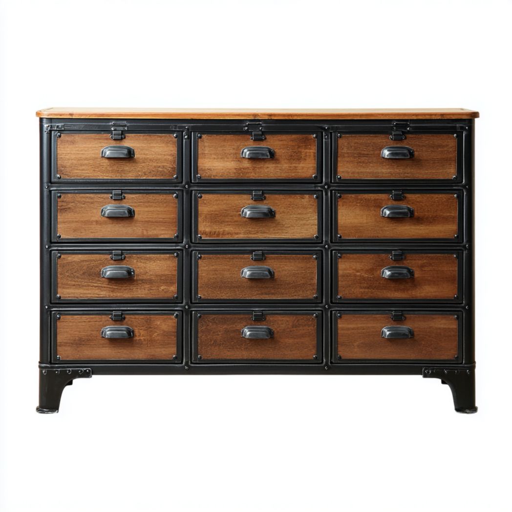 Commode en bois et métal avec douze tiroirs, façade brun foncé et cadre noir
