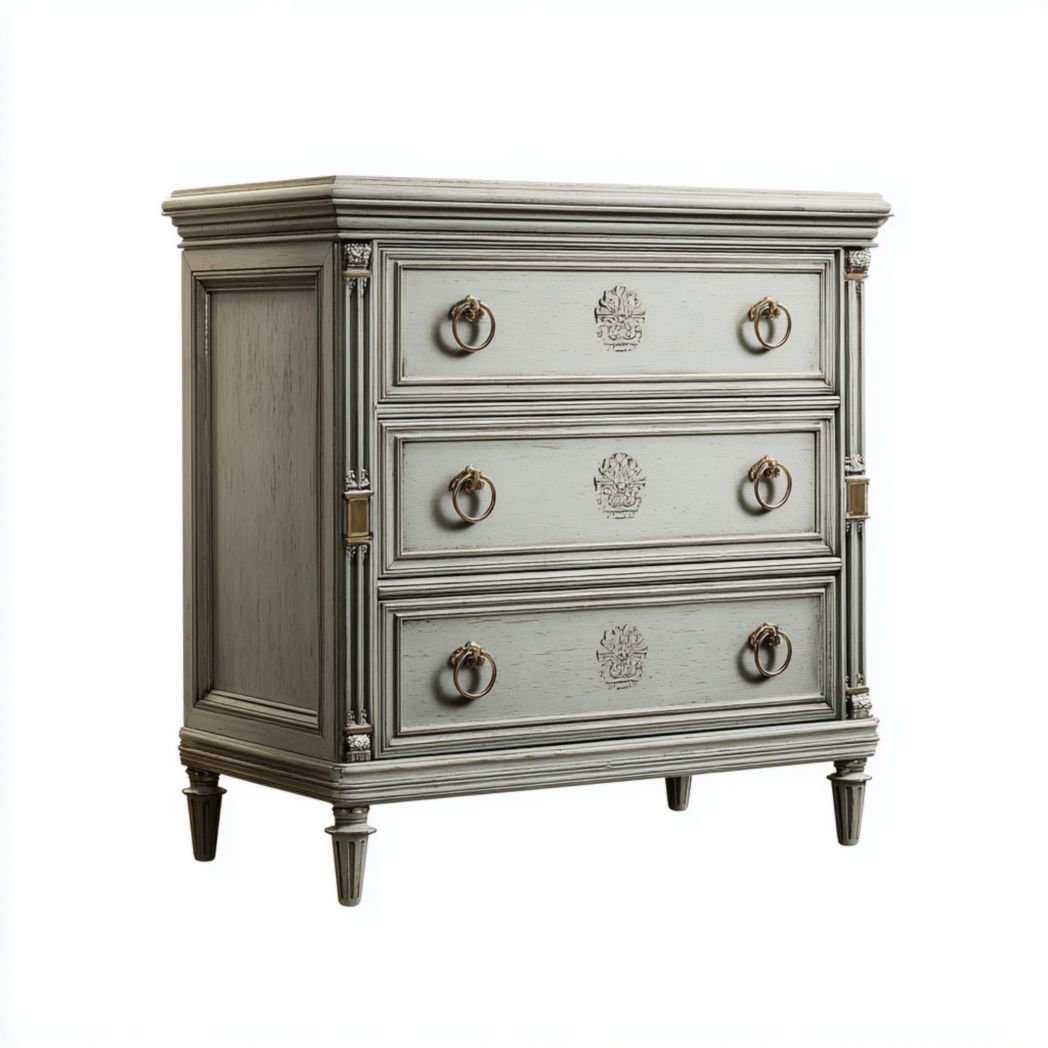 Commode en bois gris-vert avec décor sculpté, trois tiroirs