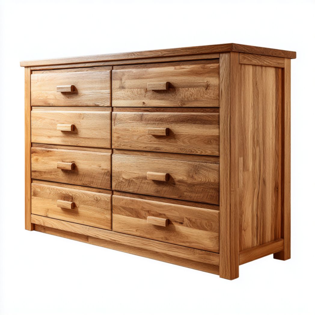 Commode en bois massif, finition bois naturel, huit tiroirs