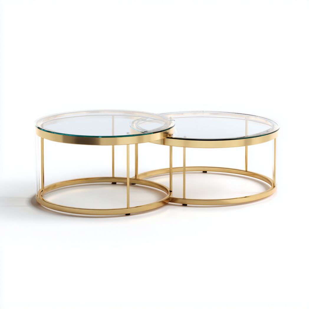 Tables basses rondes en verre et métal doré, ensemble de deux