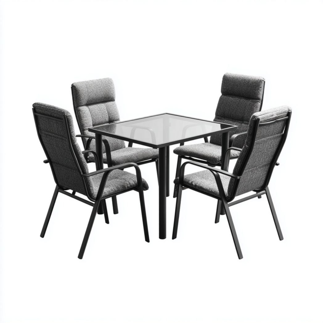 Ensemble de jardin en aluminium noir, 1 table carrée en verre avec 4 chaises avec coussins