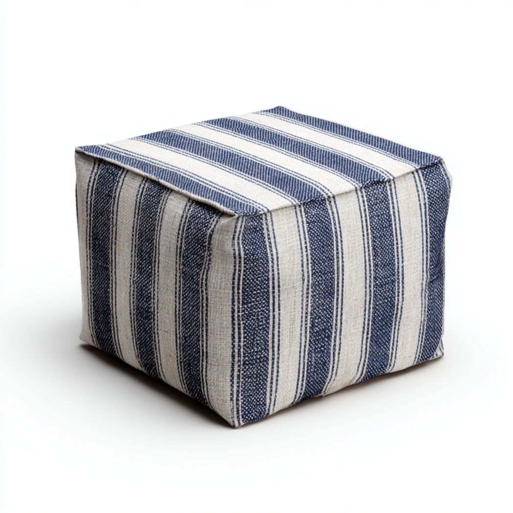 Pouf carré en tissu rayé bleu et blanc avec rembourrage souple