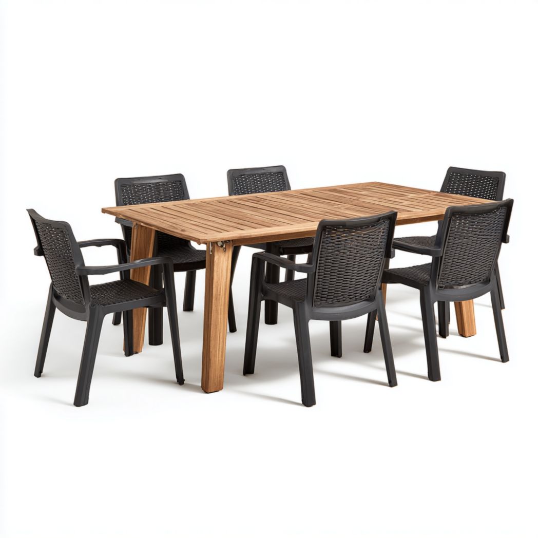 Ensemble de jardin avec table rectangulaire en bois et 6 chaises en résine noire
