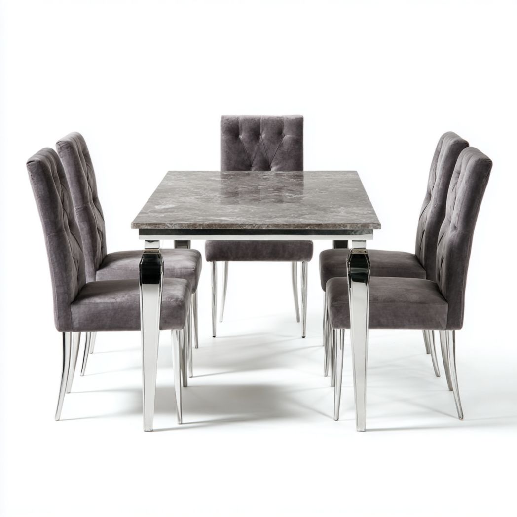 Ensemble de jardin en aluminium gris, 1 table rectangulaire avec 5 chaises rembourrées