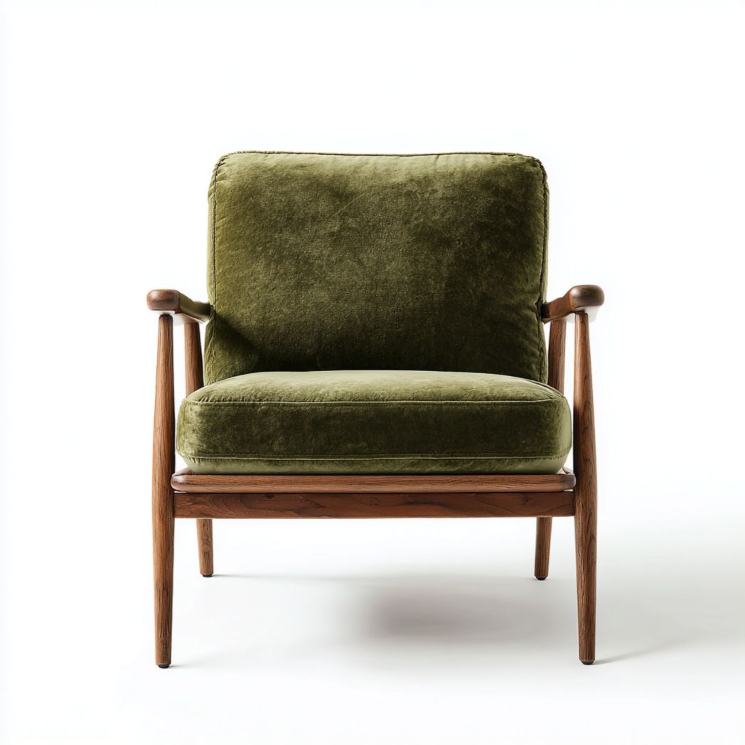 Fauteuil en bois noyer avec coussins rembourrés en tissu vert