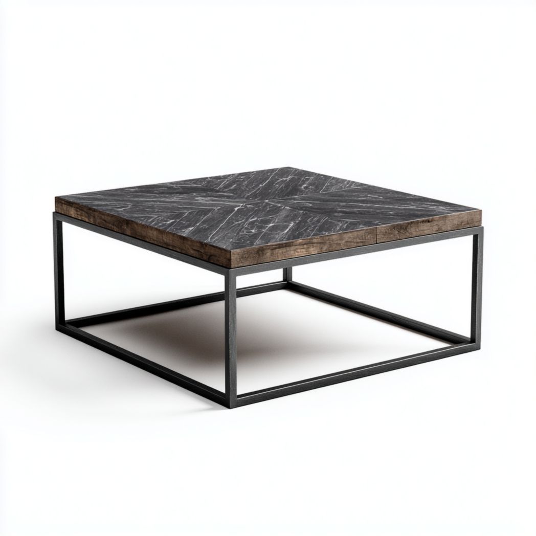 Table basse carrée en métal noir avec plateau en bois et marbre
