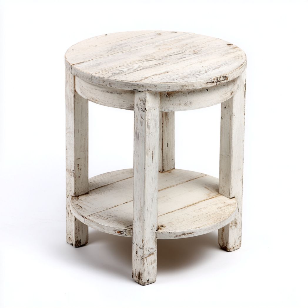 Table d’appoint ronde en bois massif blanc vieilli, double plateau