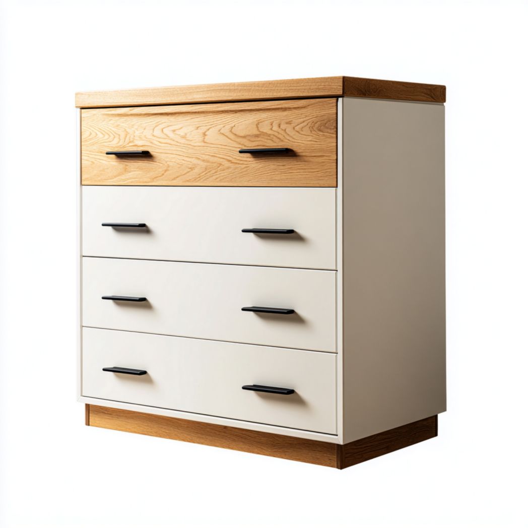 Commode en bois blanc avec détails en chêne naturel, quatre tiroirs