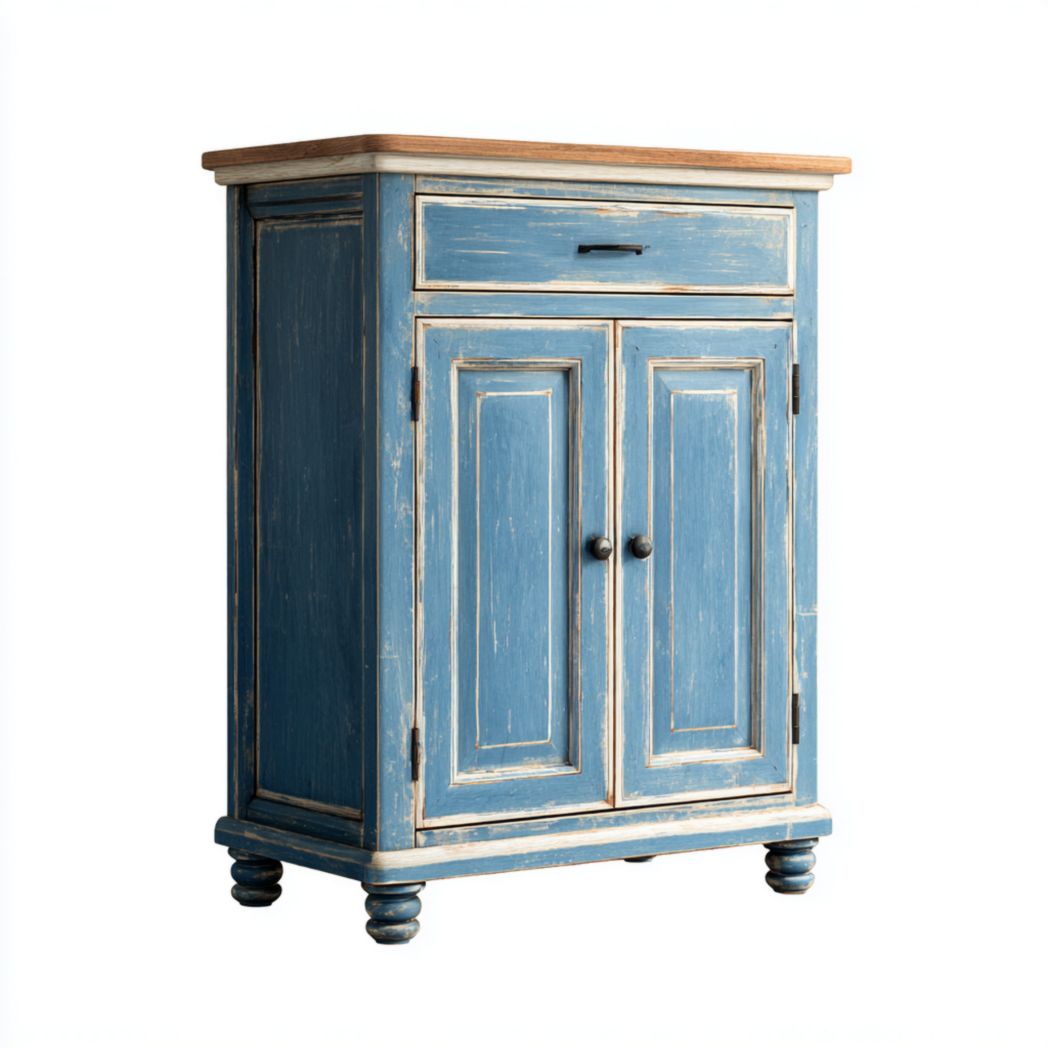 Commode en bois avec finition bleue vieillie, un tiroir et deux portes