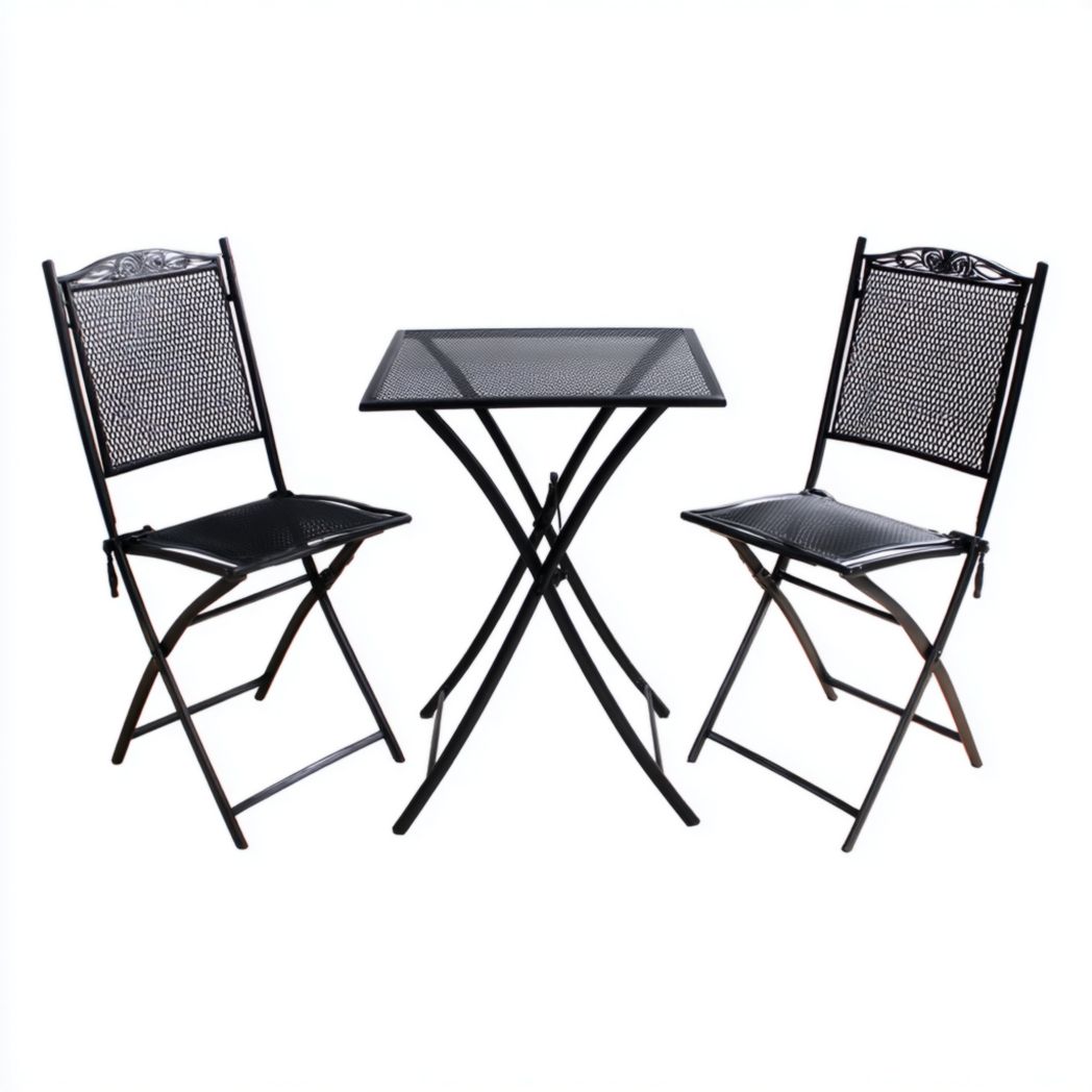 Ensemble de jardin en aluminium noir, 1 table carrée pliante avec 2 chaises pliantes sans coussin