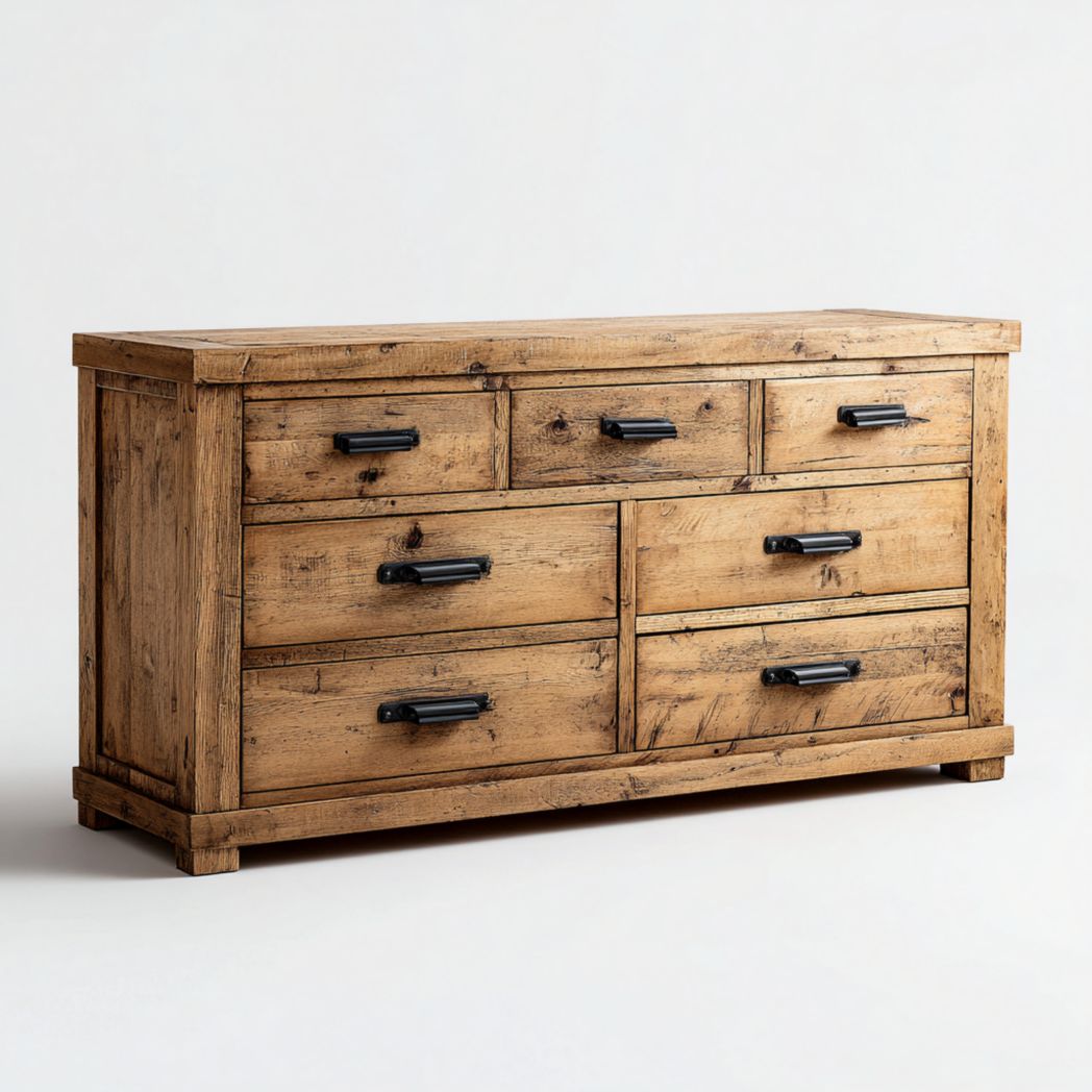 Commode en bois massif finition naturelle avec sept tiroirs et poignées noires