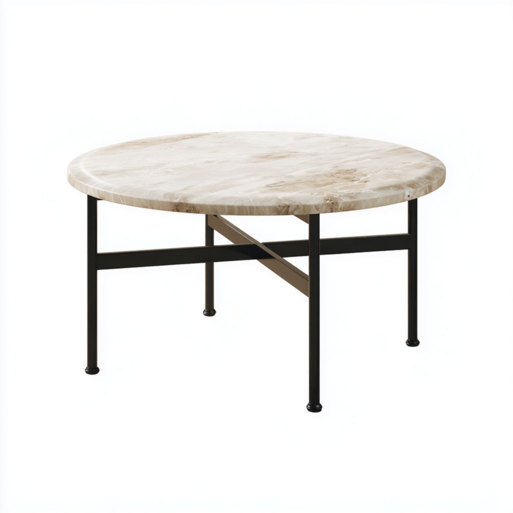 Table basse ronde en marbre clair avec structure métallique noire