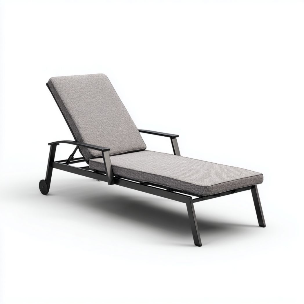 Bain de soleil avec structure en métal, coussin gris et roulettes