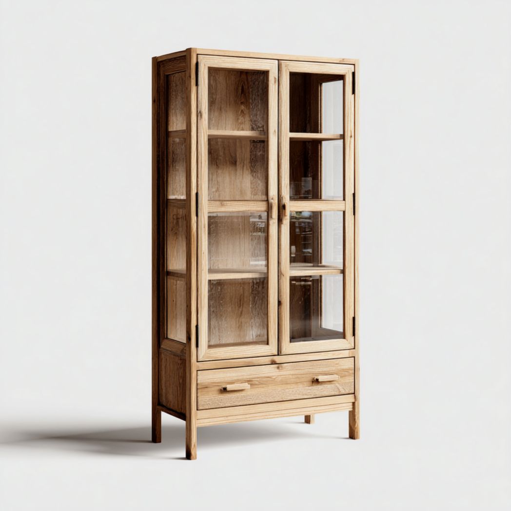 Armoire en bois naturel à deux portes vitrées avec tiroir unique