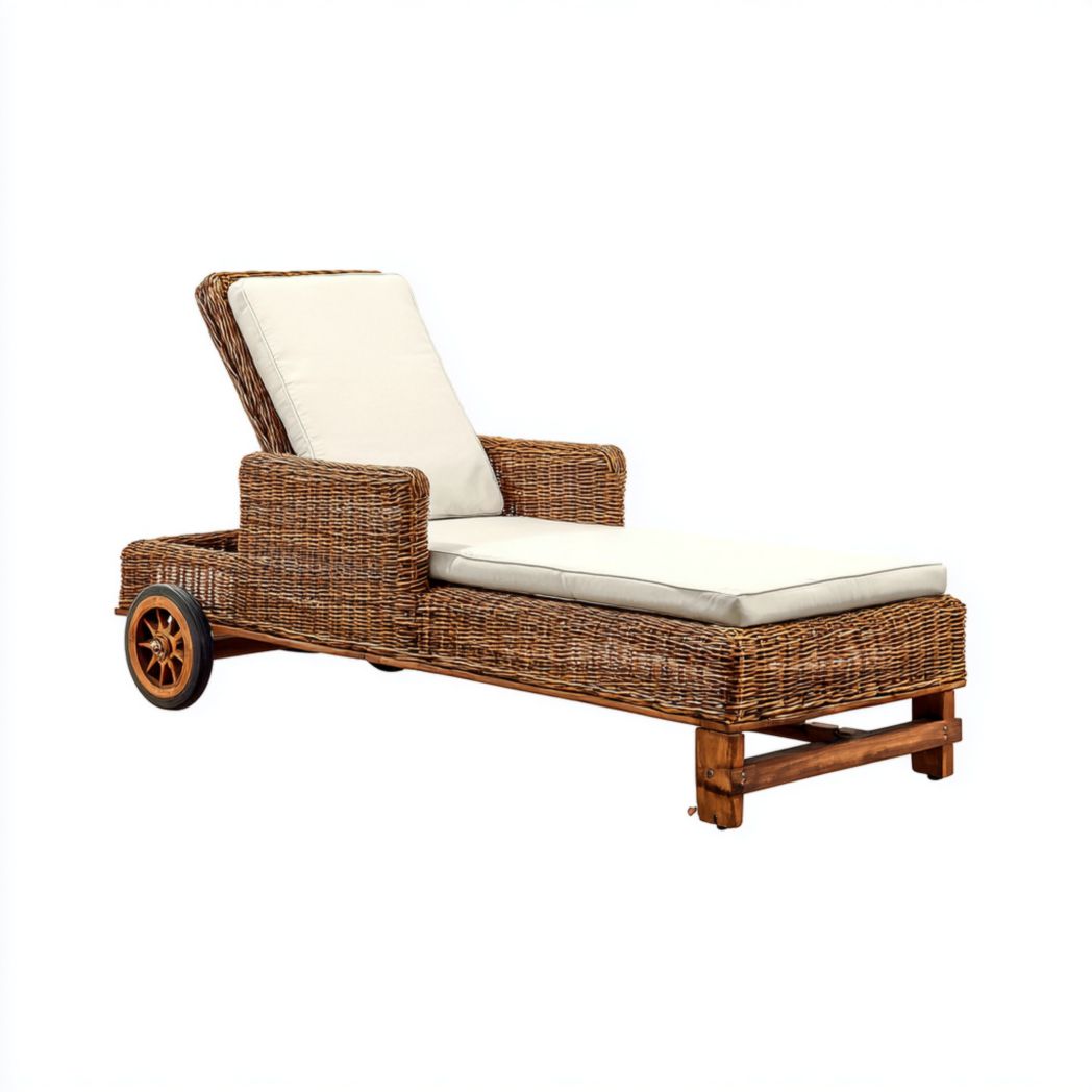 Bain de soleil en rotin, coussin beige clair avec base en bois et roulettes