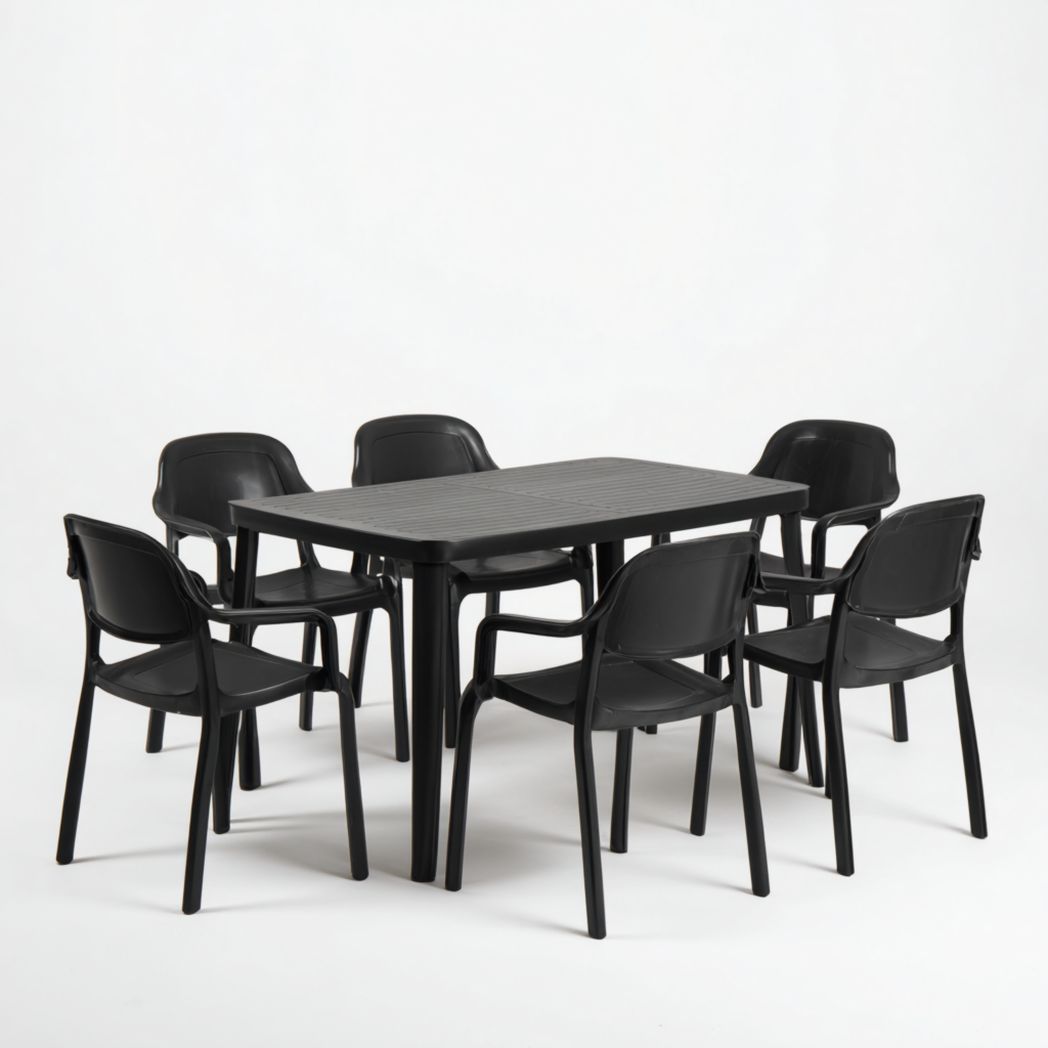 Ensemble de mobilier de jardin en résine noir mat, 1 table rectangulaire + 6 chaises