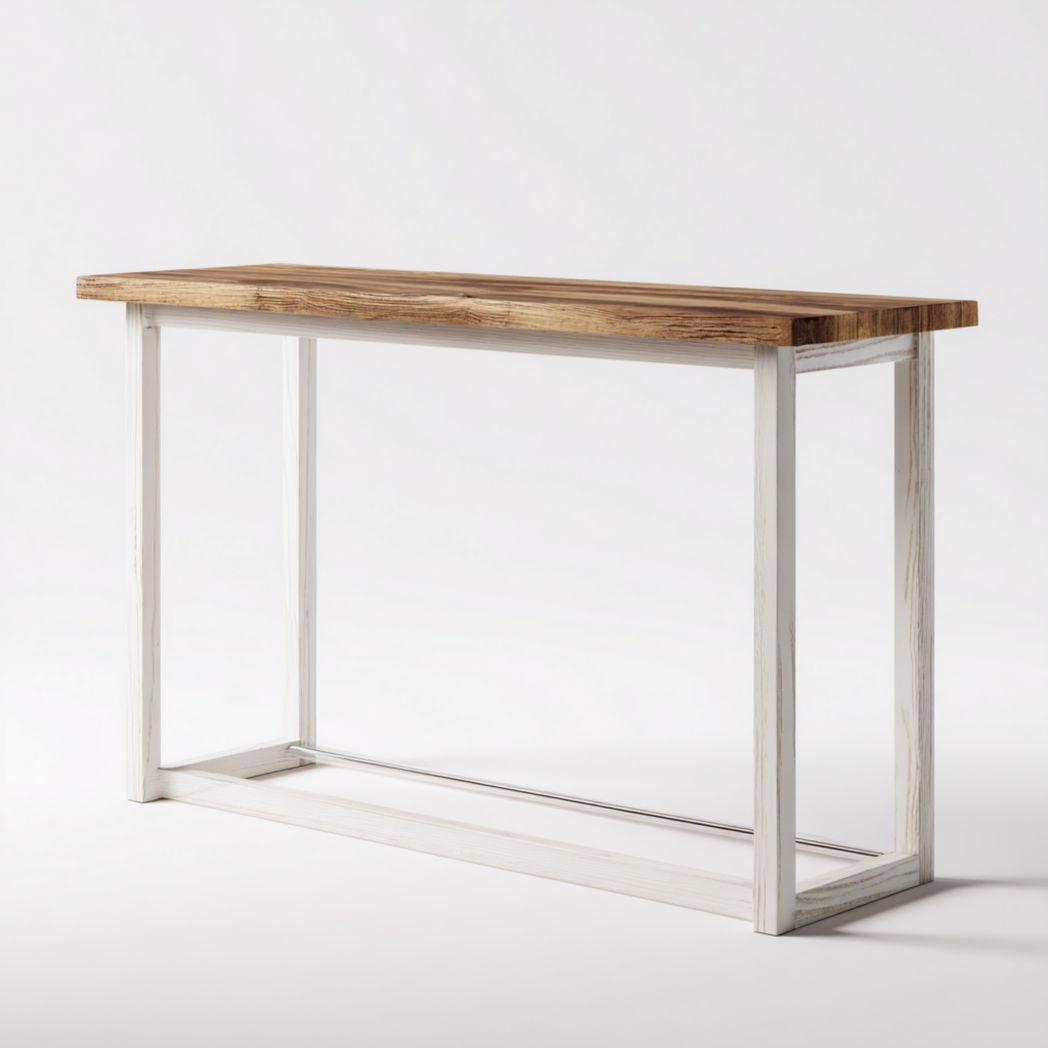 Console rectangulaire en bois avec plateau naturel et structure blanche